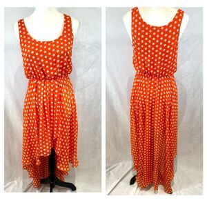 Jealous Tomato orange and white polka dot faux wrap high low dress size medium